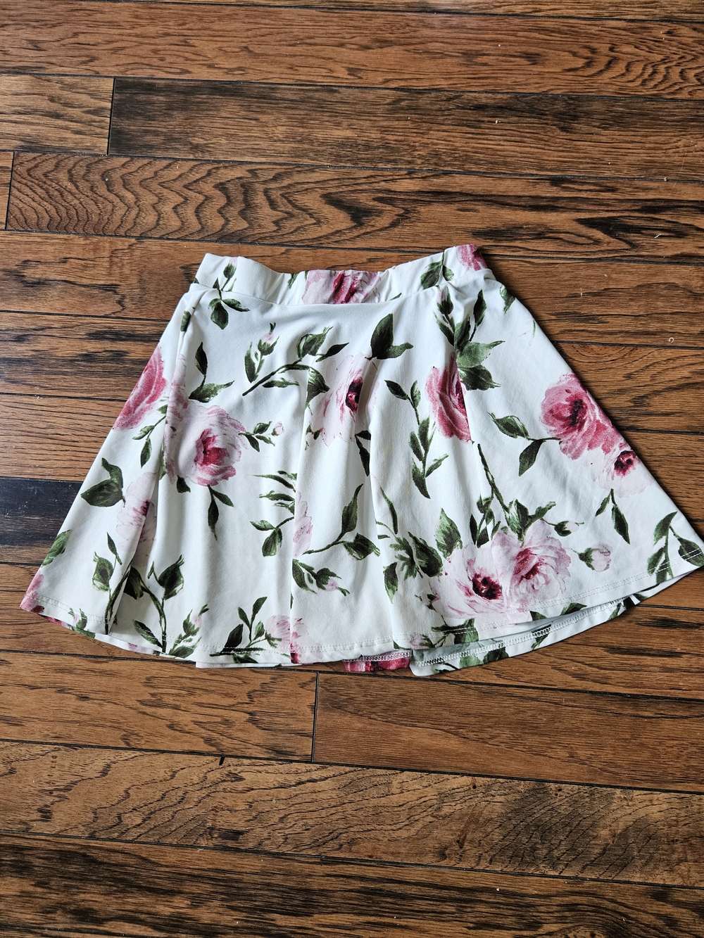 SHEIN White Floral A-Line Skirt with Pink Roses